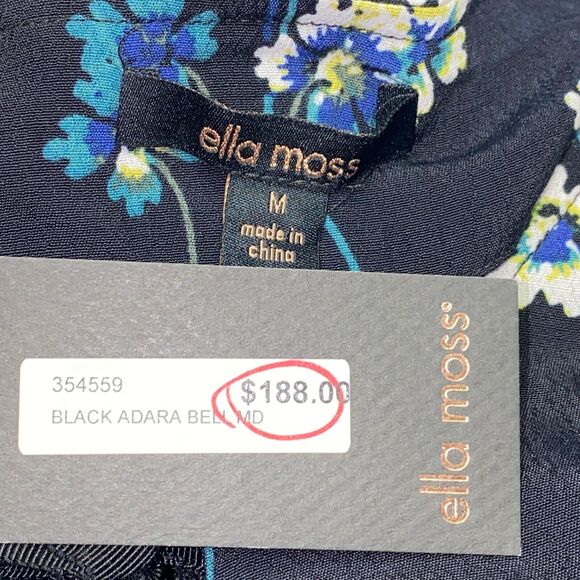 NWT Ella Moss Adara Dress Size M Black Floral Tie Neck Cutouts Bell Sleeve - Picture 7 of 8
